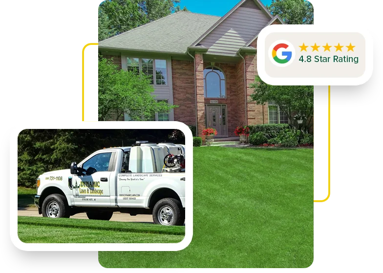 image of nice home with green healthy grass and Dynamic Lawn truck