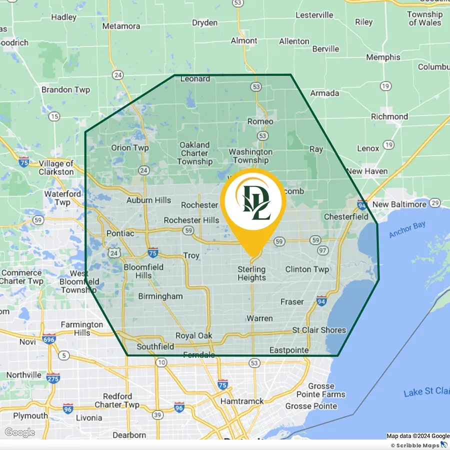 Dynamic Lawns Service Area Map Sterling Heights Michigan