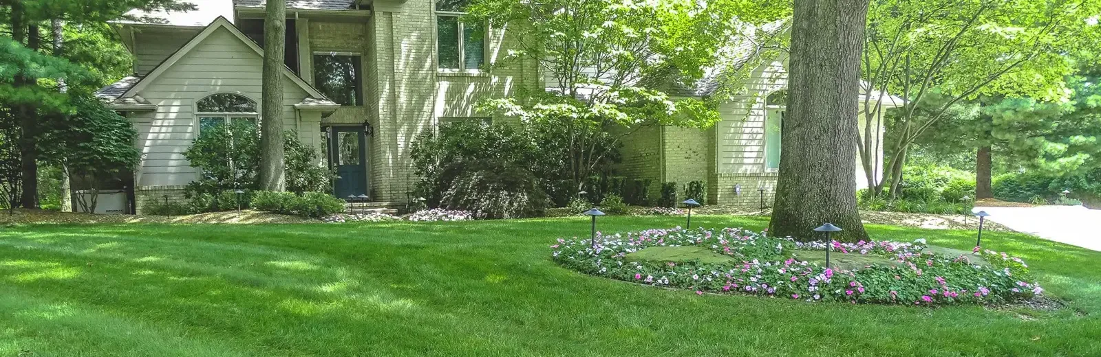 house with trees in front lawn